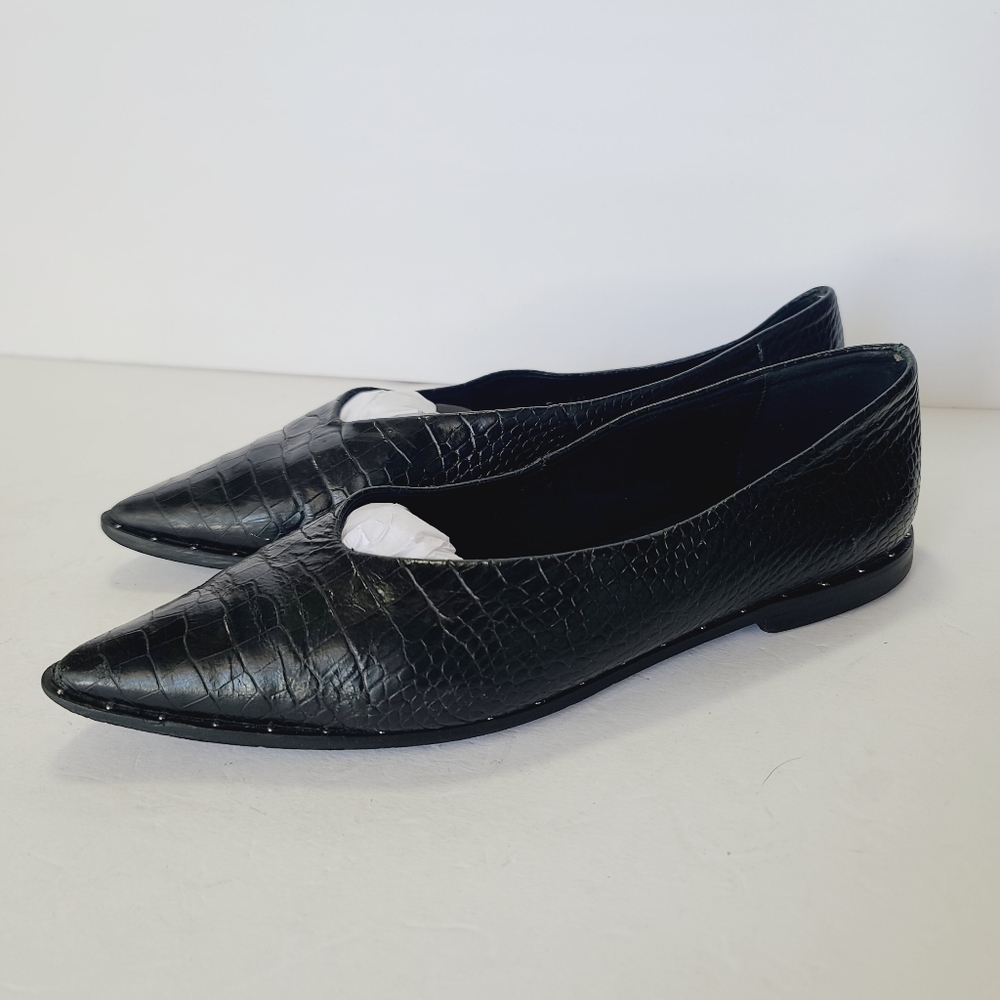 Freda Salvador Black Croc-Embossed Pointed Toe Flats